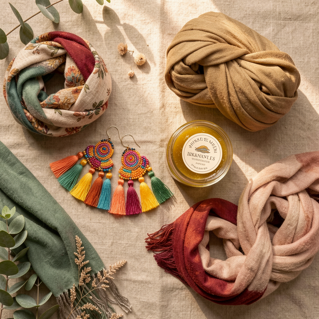 Handmade tassel earrings scarfs headwear and irish sea moss gel