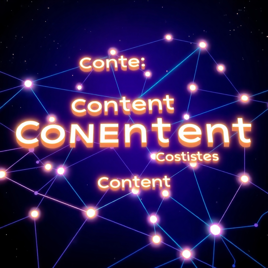 A stylized, 4K resolution image depicting a network of interconnected glowing lines forming words and phrases. The lines are vibrant and dynamic, symbolizing the interconnected nature of content creation and communication. The background is a dark, starry night sky, providing contrast to the bright lines. The color palette is a mixture of deep blues, purples, and bright, glowing gold for the words and phrases. The image uses a slightly isometric perspective, showcasing the complexity and depth of content creation.  Texture details are minimal and focus on the smooth, glowing lines. The style references a clean, modern, and technology-focused aesthetic, akin to that used in futuristic technology illustrations. The image should suggest creativity, connectivity, and the power of communication.