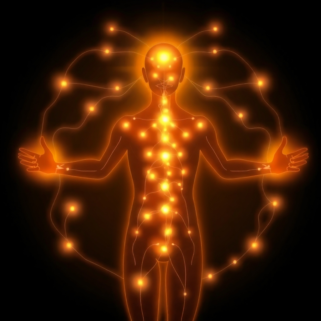 A stylized, almost abstract image showing energy flowing through the body's meridians, visualized as glowing lines connecting various points.  The background should be dark and dramatic, emphasizing the energy flow.  The style should be modern and artistic.
