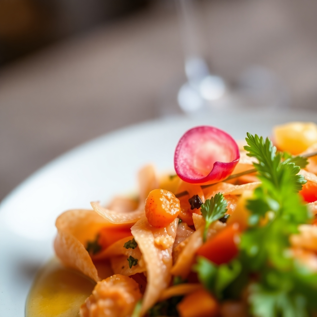 A stylized close-up image of a beautifully presented dish. The composition emphasizes the visual appeal and texture. Lighting should be carefully considered to enhance the food's colors and textures. The color palette is vibrant and varied, showcasing the fresh ingredients. The camera angle is close-up, focusing on the food's details. Texture details are extremely important, creating a sense of realism and appeal. The environment is not explicitly shown. Style references fine dining photography, highlighting food styling techniques.  The resolution is 4K and the image should be high quality.