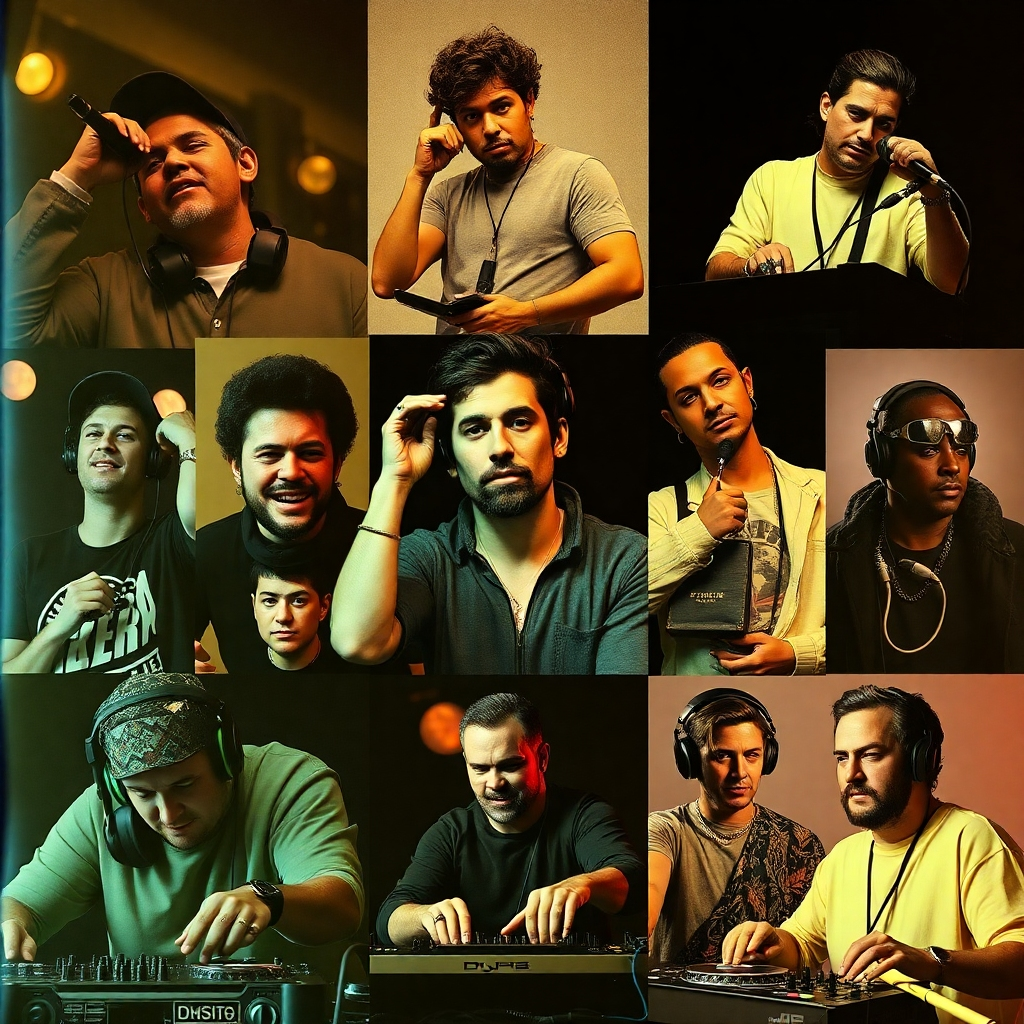 A stylized collage of images representing influential DJs from different eras. Include iconic images, posters, and album covers. Each image must convey a distinct style and era. The collage's lighting should be a mix of vintage and modern styles, creating a nostalgic feel. The overall style should be reminiscent of vintage magazine layouts
