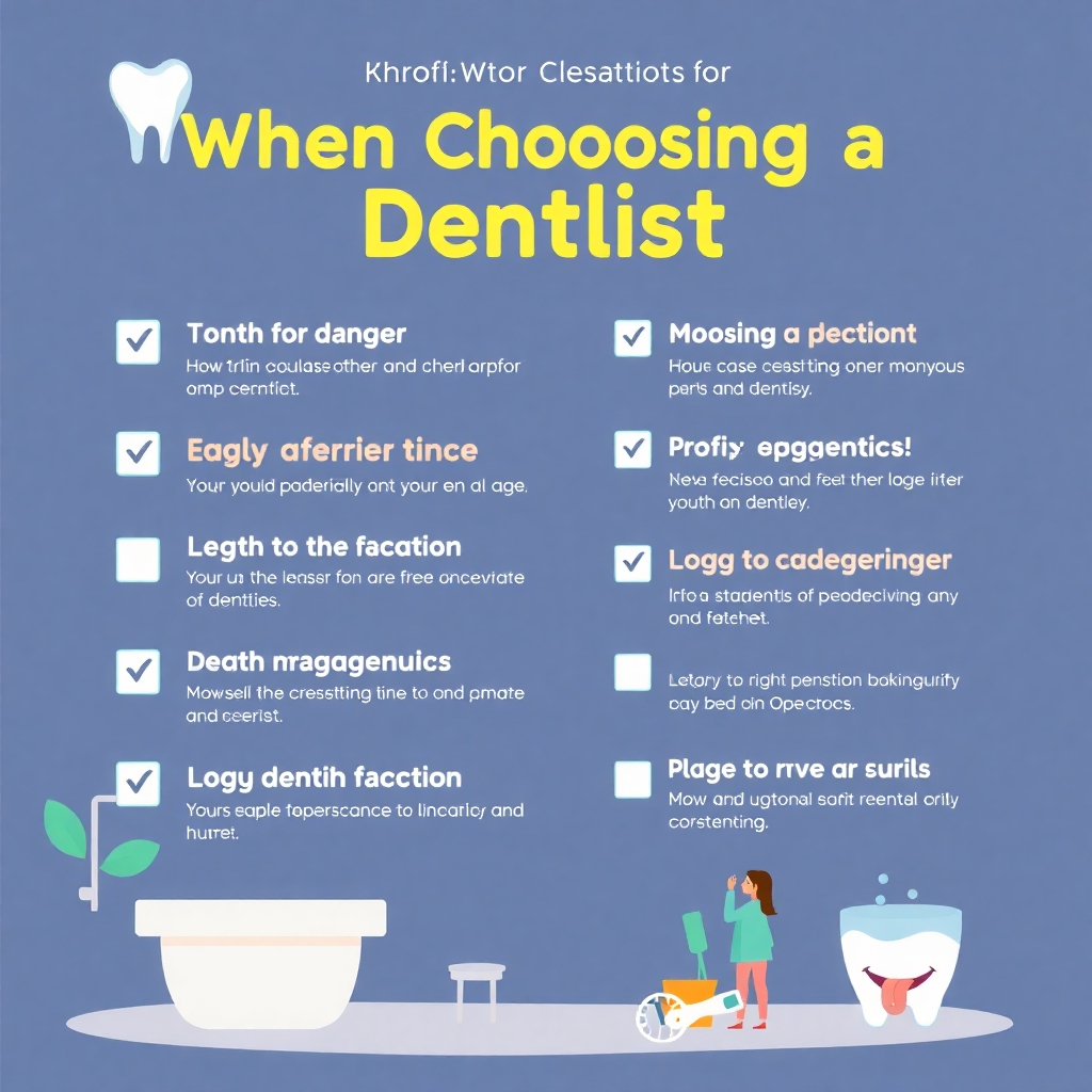 A stylized illustration, 4K resolution, of a checklist with key factors to consider when choosing a dentist. This should be colorful, eye-catching, and easily understandable, with a friendly style that is appealing to all ages.  The illustration must be relevant to the topic's theme, and in a style similar to modern-day infographic styles.