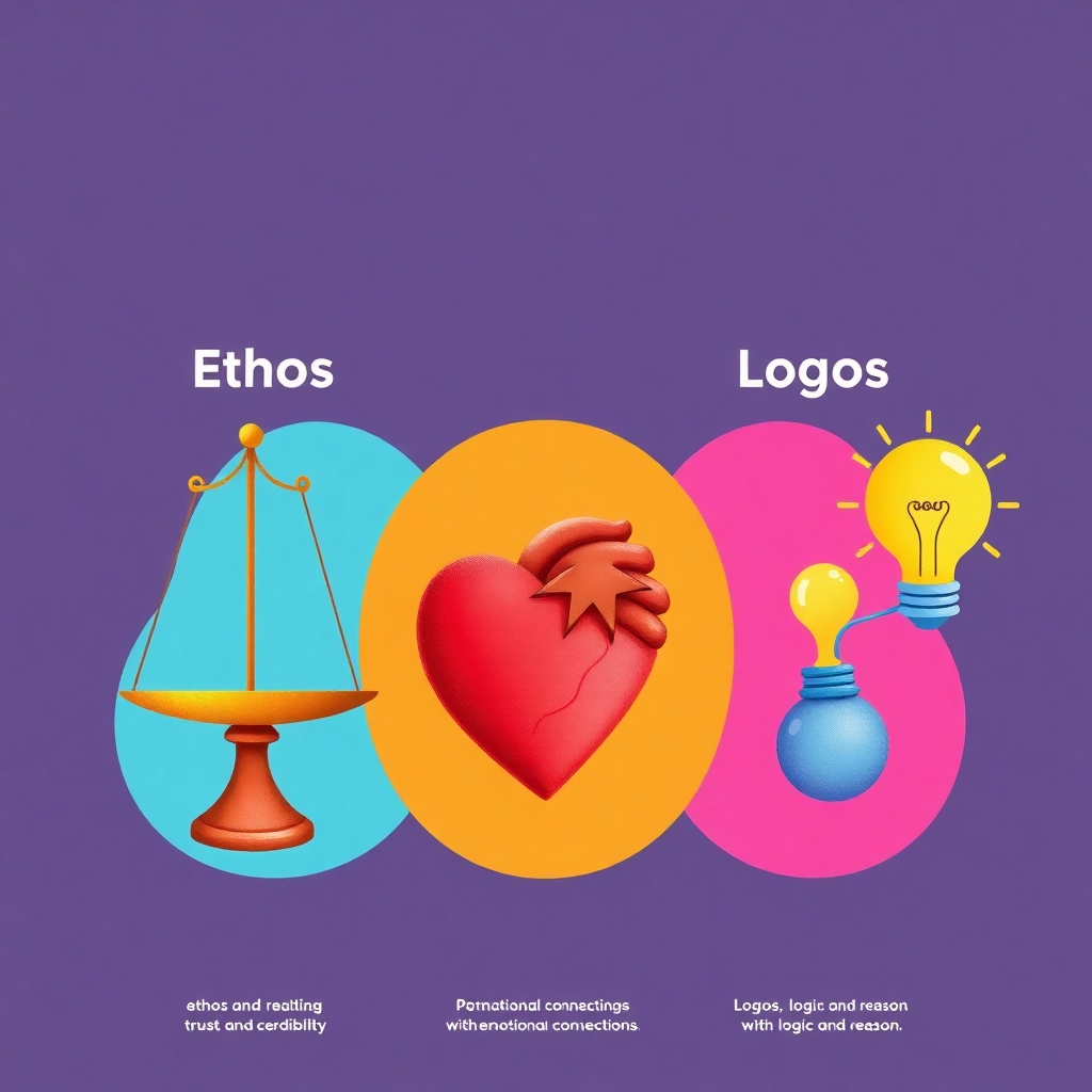 A stylized illustration in 4K resolution featuring three distinct sections, each representing ethos, pathos, and logos.  Ethos could be represented by a scale balancing trust and credibility; pathos by a heart with emotional connections; and logos with a lightbulb representing logic and reason. Each section could have its own color scheme; the total look should be a well-organized and cohesive infographic.&nbsp; The textures could be abstract, focusing on smooth transitions and gradients.  The lighting should be even, ensuring readability and clarity.