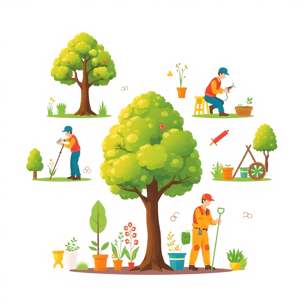 A stylized illustration showing various tree care services: pruning, fertilization, disease treatment, etc.  A vibrant color palette and clean design are essential. It should be a detailed illustration with a clear focus on the various elements of tree care.  Resolution: 4K, High-quality