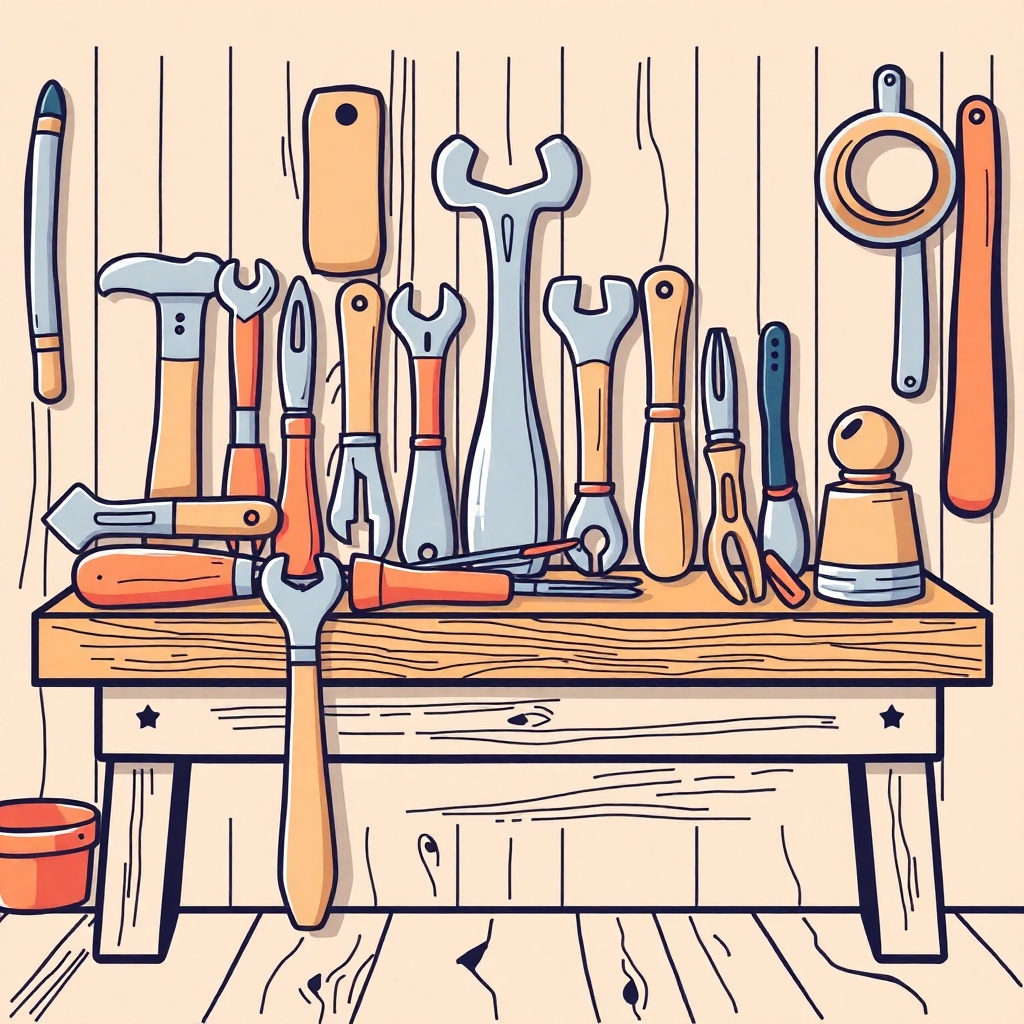 A stylized illustration showing a variety of basic carpentry tools neatly arranged on a wooden workbench. The style could be similar to vintage workshop posters, with a focus on clean lines and bold colors. The image should be visually appealing and easy to understand, emphasizing the importance of these tools.