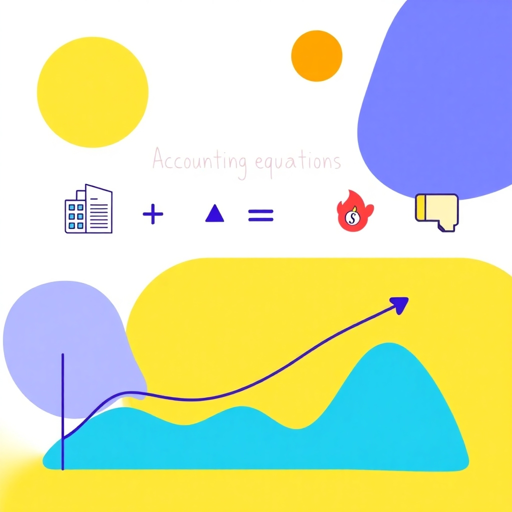 A stylized illustration using simple shapes and icons to visually represent the accounting equation. Employ bright, vivid colors to create an engaging design.  The style should be clean and easily understandable, suitable for a beginner’s guide. Incorporate a modern design element, such as a dynamic line graph, to show its application in understanding change over time.