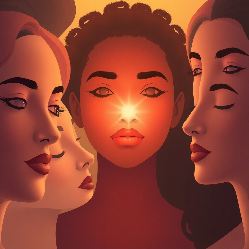 A stylized image, 4K resolution, depicting a single glowing orb of light surrounded by softly rendered, diverse faces. The light should be the focal point, suggesting inner beauty. The color palette is warm with pastel accents, symbolizing gentleness and positivity.  The style should evoke a sense of ethereal beauty and harmony, similar to the work of artists specializing in digital fantasy art and light manipulation.