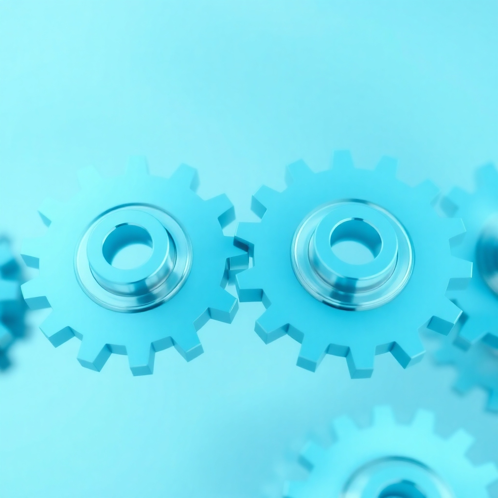 A stylized image, 4K resolution, showing interconnected gears smoothly turning, representing financial processes.  The color palette is cool and calming, using blues and greens.  The gears are made of polished metal, reflecting light.  The background is a soft, blurred gradient of blues and grays.  The style should be clean, modern and professional, suggesting precision and efficiency.  The camera angle should be slightly elevated for a top-down perspective.  The focus is on the smooth, fluid movement of the gears, suggesting an efficient system.  Reference images could include CGI renderings of machines or engineering schematics.