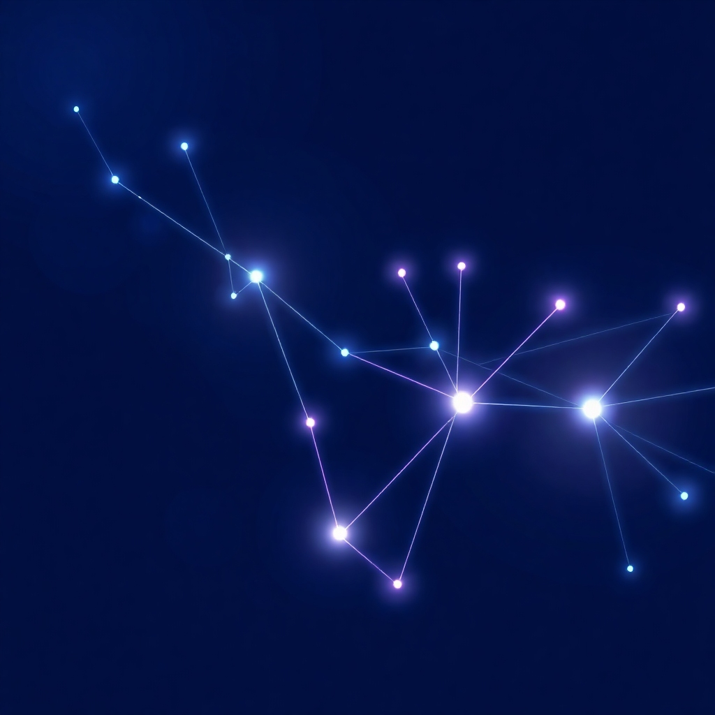 A stylized image, 4K resolution, depicting interconnected glowing lines forming a constellation against a dark blue background. The lines should be various shades of light blue and purple, suggesting growth and connection. The style should evoke the feeling of hope and healing. Use a soft, gentle light to enhance the sense of calm. The image should look clean and simple, visually representing the journey of self-discovery and the support our counselling provides.