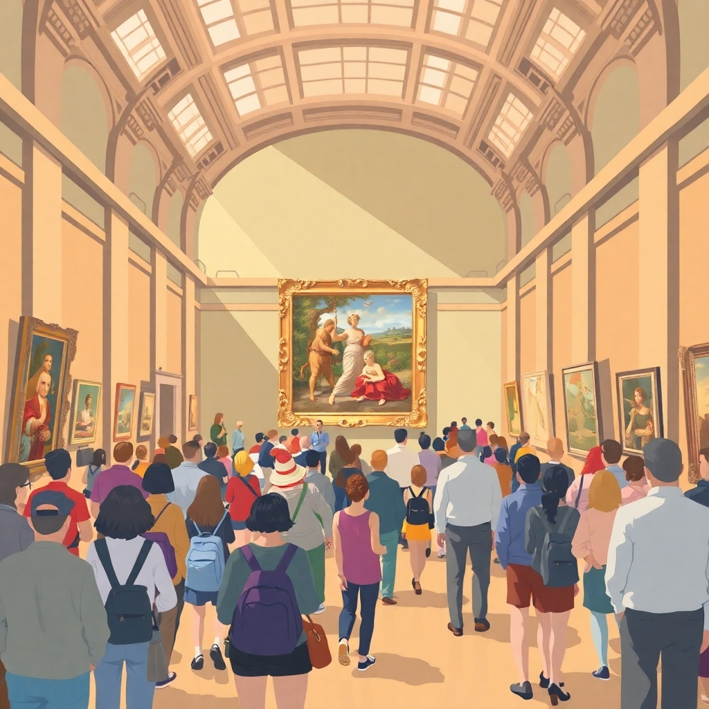 A stylized image depicting a bustling museum filled with visitors admiring a restored artwork. The lighting should be warm and inviting, showcasing the lively atmosphere. The color palette should be bright and engaging. The overall mood should convey the positive economic impact of art restoration.