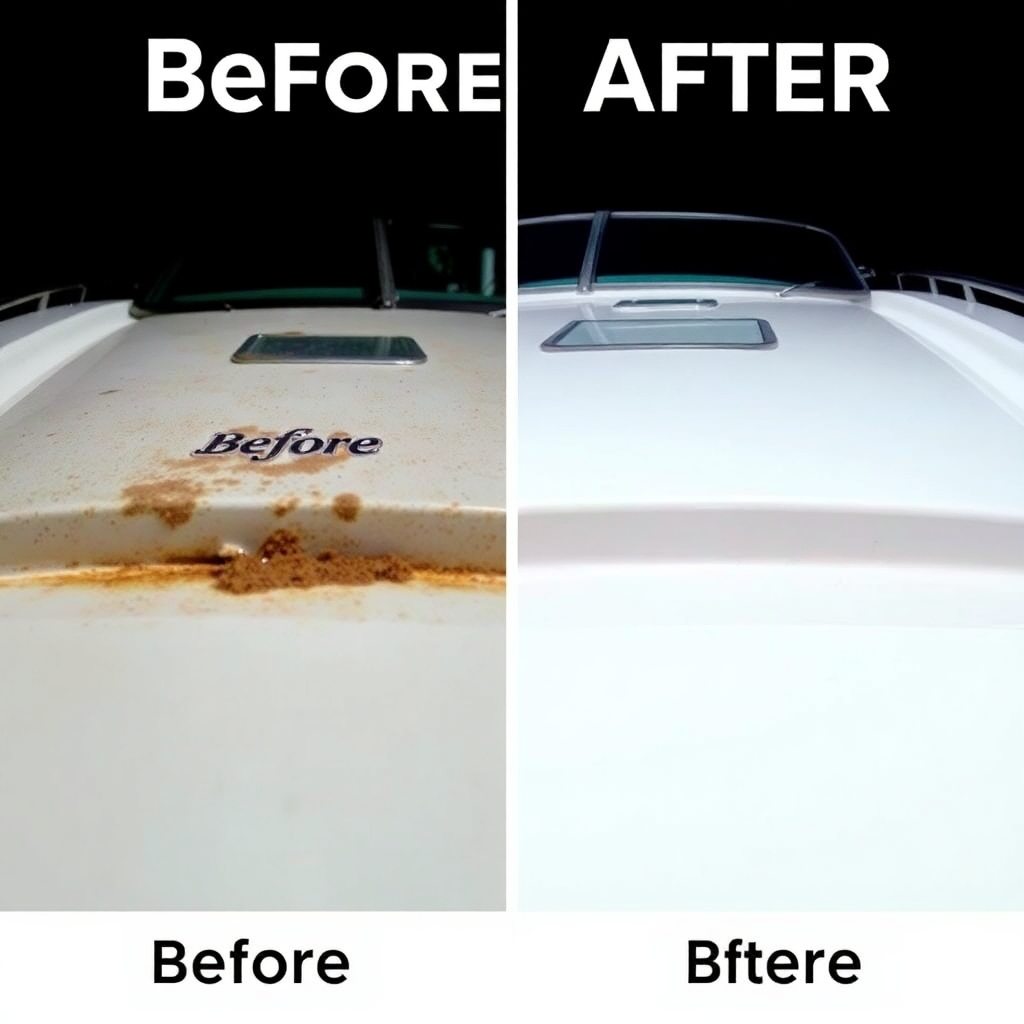 A stylized image depicting a before-and-after shot of boat detailing. The "before" side shows a dirty, neglected boat with faded paint, while the "after" side showcases the same boat, sparkling clean and gleaming after our detailing service. High-contrast lighting accentuates the transformation. The color palette is clean and modern, with the "before" side using muted, dull colors and the "after" side featuring bright, rich tones. The camera angle is eye-level, allowing for a direct comparison. Technical specs: 4K resolution, high-quality rendering, and vivid color saturation.