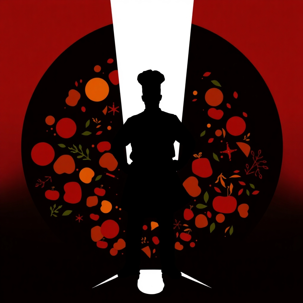 A stylized image depicting a chef's silhouette against a vibrant backdrop of colorful food. The composition is a minimalist design, possibly using geometric shapes to create a sense of balance and harmony. Lighting should be dramatic, with a strong light source highlighting the chef's figure and the food, which is not explicitly displayed, but visually implied by rich colors. The color palette is warm and earthy tones and bold accents. The camera angle is from below, creating a dynamic and powerful image. Texture details should be minimal, keeping the focus on the silhouettes and shapes. The environment is implied rather than explicitly shown. The style references the works of contemporary minimalist artists, keeping the style sleek and modern. The resolution is 4K and the image should be high quality.