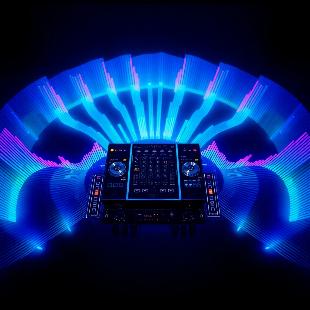 A stylized image depicting a DJ console with glowing waveforms radiating from it. The console is sleek, modern, and metallic, positioned in the center, with the waveforms extending outward, filling the frame with vibrant, pulsating color.  The lighting is soft, emanating from the console and the waveforms, creating a dreamlike atmosphere. The color palette is primarily dark, with electric blues, greens, and purples in the waveforms. The camera angle is directly above, looking down on the console, emphasizing its central position. The image should use a stylized, almost abstract approach to represent the creativity and excitement that the DJ brings.  The image should be in 4K high-quality resolution and employ a visually appealing and abstract style to represent the creative nature of DJing.