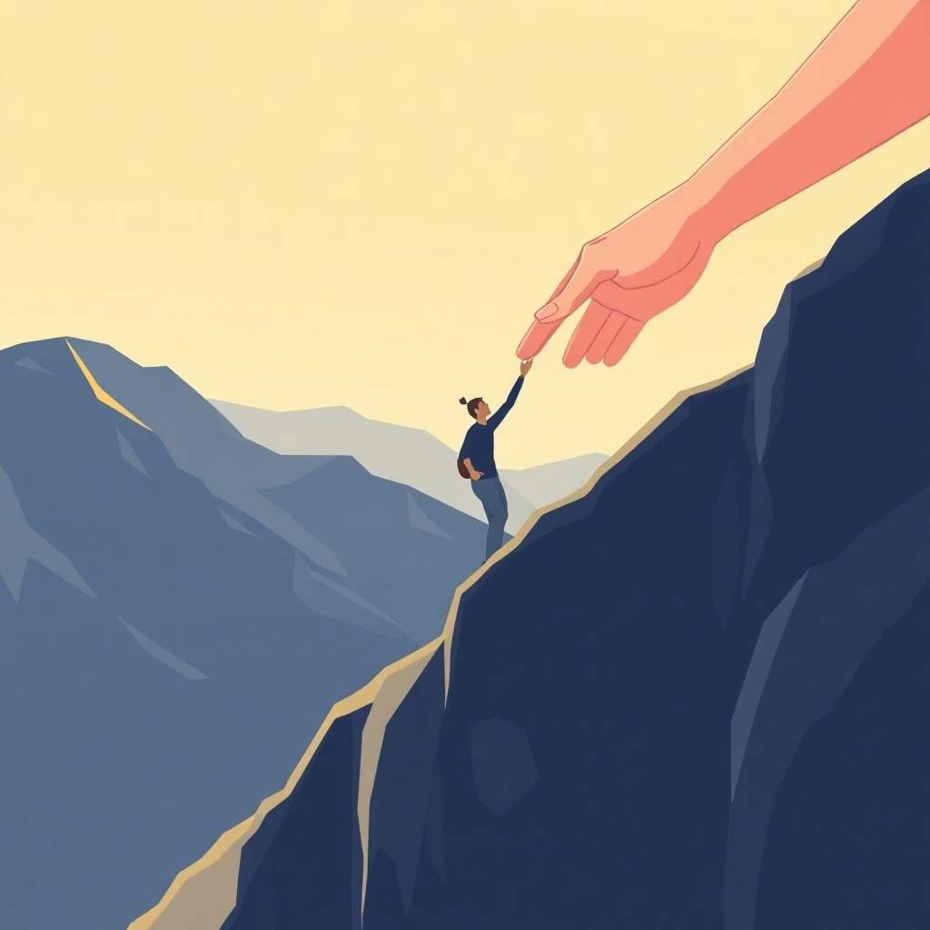 A stylized image depicting a supportive hand guiding someone up a mountain, suggesting the guidance and support provided by a coach. Use a serene, supportive color palette, creating a feeling of encouragement and positivity. The style should resemble a motivational illustration or graphic. The technical specs should be 4K resolution, high-quality rendering.