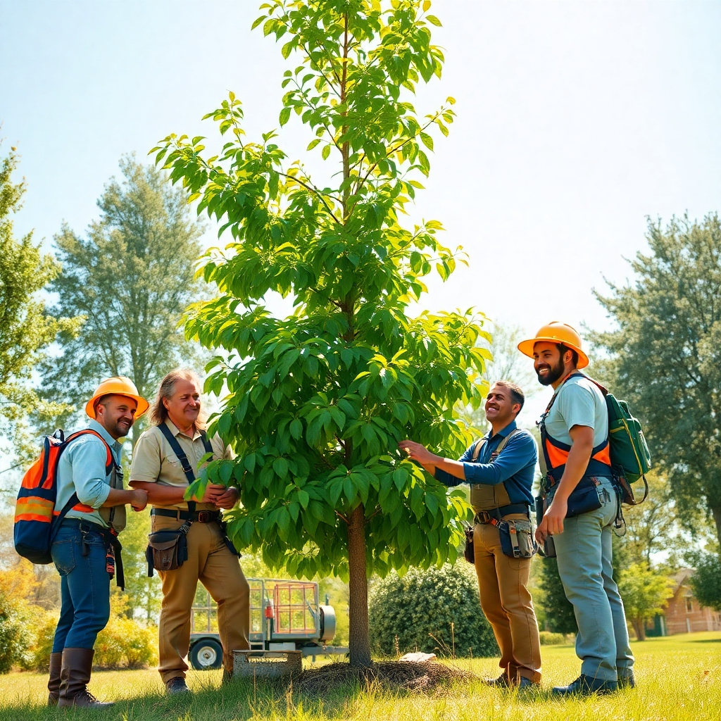 A stylized image depicting a team of friendly, diverse arborists working together to care for a lush green tree. It should be a photorealistic or slightly painterly style with a warm, inviting color palette. The composition should show a balanced perspective of the arborists tending to the tree, with bright, natural sunlight. The camera angle should be slightly elevated, capturing the entire team and the tree.  Include relevant props: arborist tools, safety equipment, and the tree itself, showing details such as leaves and branches. The overall atmosphere should feel safe, professional and friendly. Resolution: 4K, high quality, realistic details.