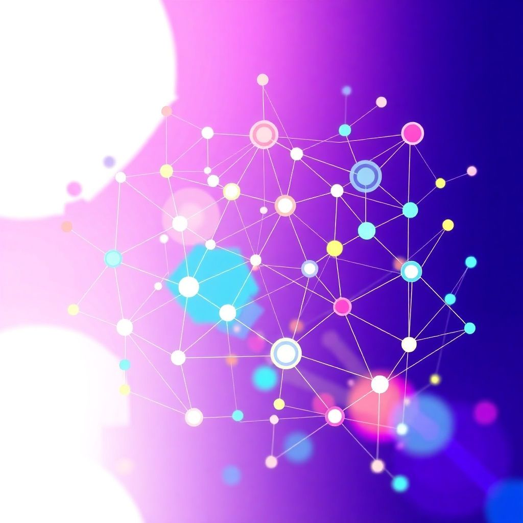 A stylized image depicting numerous interconnected network nodes, symbolizing a network of professional connections. Use a vibrant color palette and an abstract design to represent both online and offline networking. The style should be similar to business infographic designs focusing on interconnectedness. The technical specs should be 4K resolution, high-quality rendering.