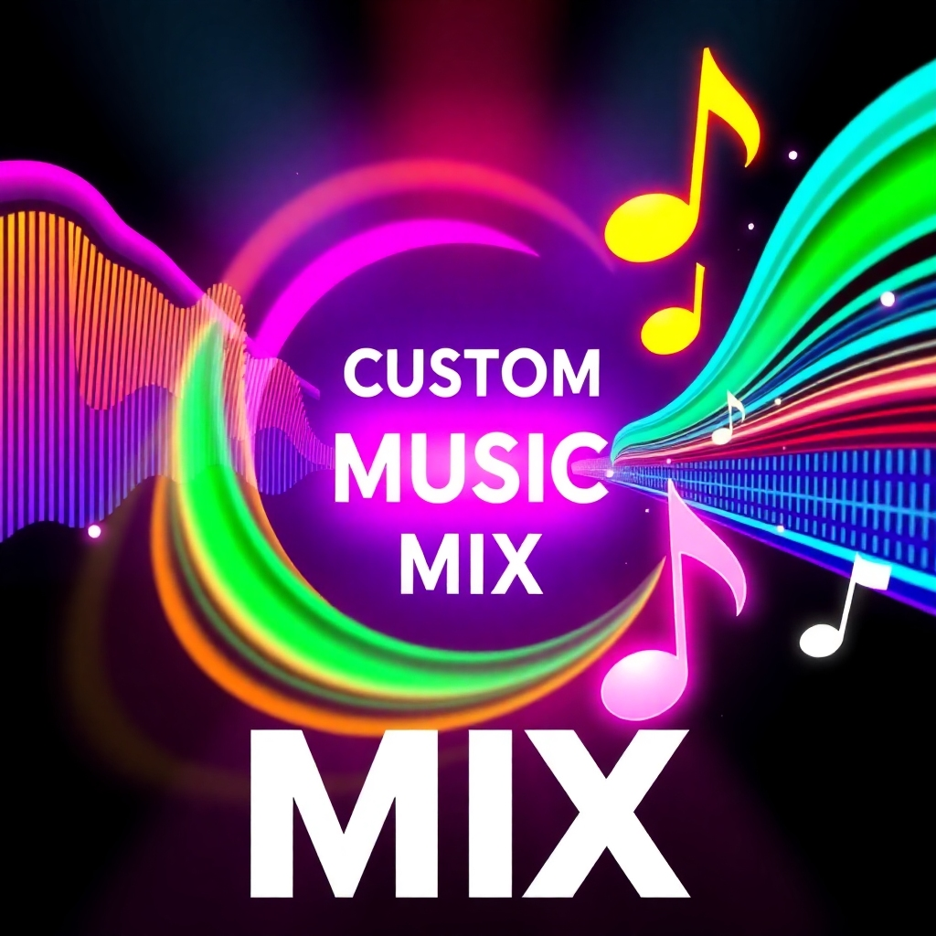A stylized image depicting sound waves and music notes swirling together, representing a custom music mix.  The lighting should be bright and colorful. The color palette should be vibrant and engaging. The style should be modern and artistic