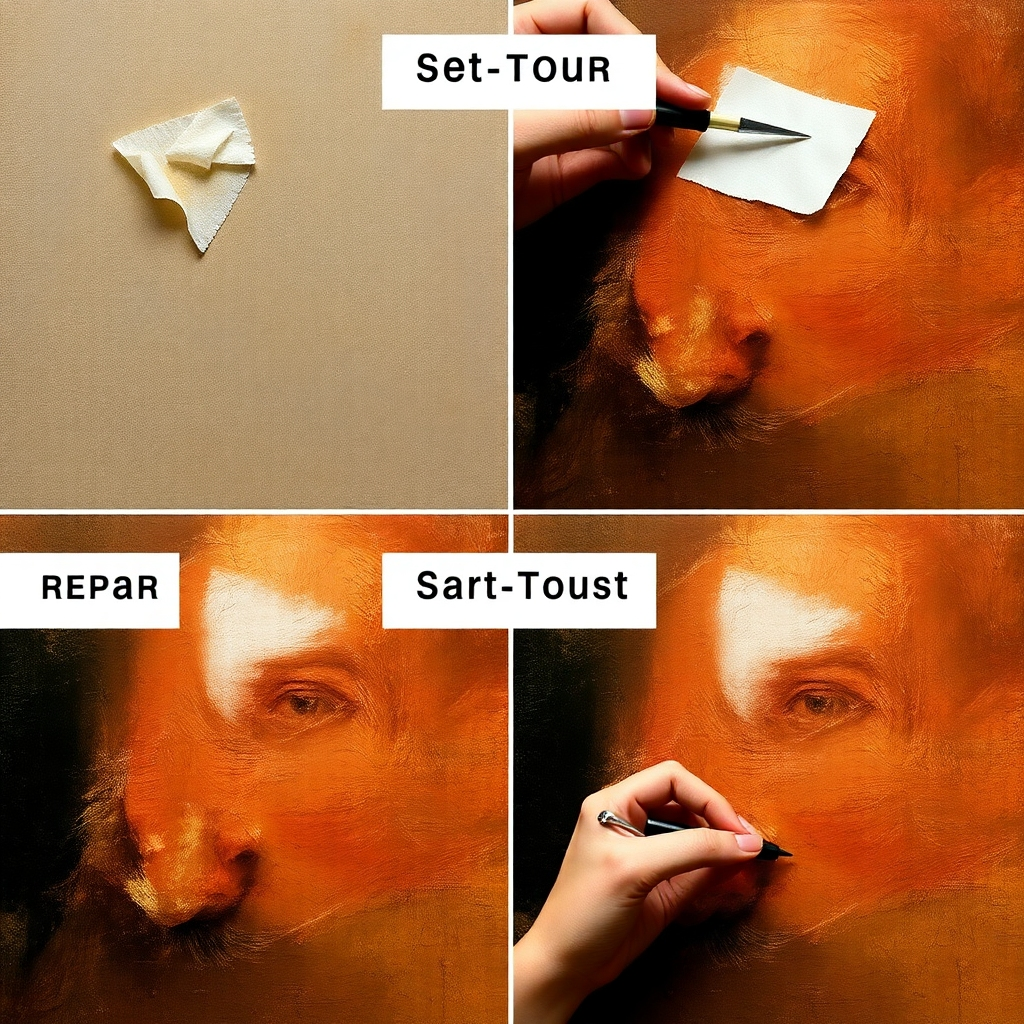 A stylized image depicting the step-by-step restoration of an oil painting, using a series of close-up shots in a collage-like format. Each section would showcase different aspects of the restoration process, like cleaning, repair, and retouching. The color palette should be consistent across the various images, ensuring visual harmony. The lighting should be even and consistent across the image.  The camera angle should remain consistent throughout the process to ensure continuity. The style could be a blend of photorealistic and illustrative elements.  The overall mood should be instructional and informative.
