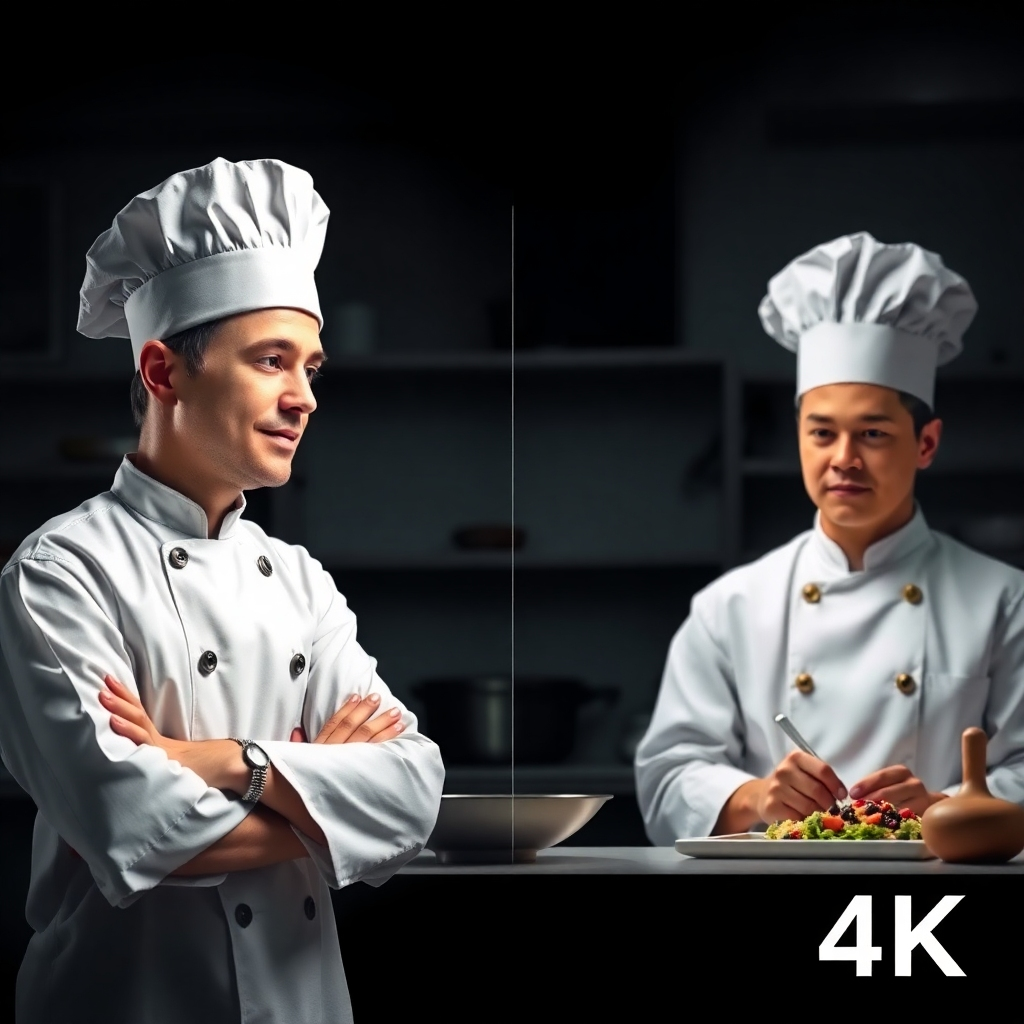 A stylized image depicting the progression of a chef's culinary skills, perhaps using a timeline or a series of images. The composition should be visually interesting and easy to follow. The lighting could be consistent throughout. The color palette should be clean and modern. The camera angle could vary. Texture details should not be too detailed, focusing on clarity. The environment is a culinary school or a professional kitchen. The style is a minimalist approach, highlighting the skill progression. The resolution is 4K and the image should be high quality.