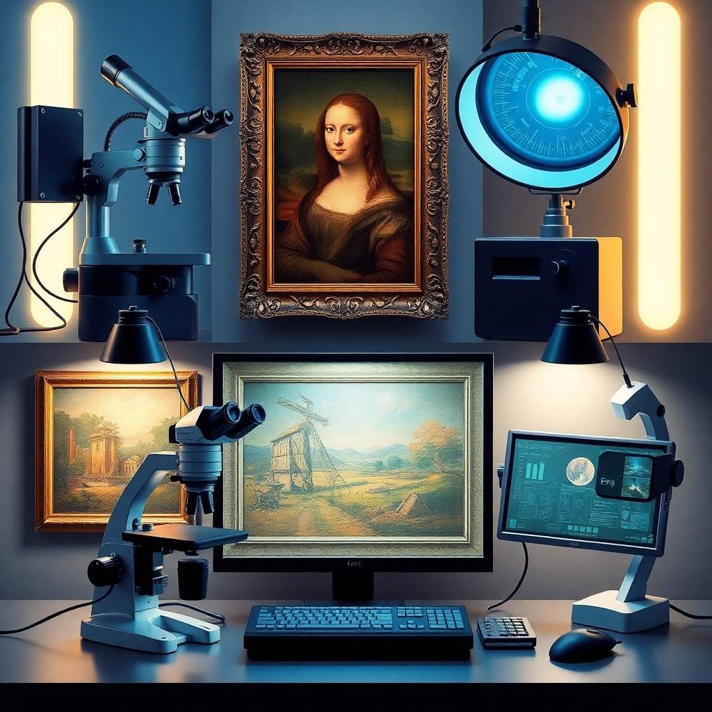 A stylized image depicting various pieces of high-tech equipment used in art restoration. This could include microscopes, specialized lighting, and digital imaging technology. The color scheme should be technologically modern, incorporating blues, grays, and silvers. The lighting should be sleek and modern. The overall mood should convey a sense of advanced technology combined with traditional artistry.
