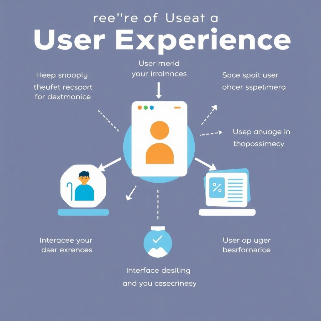 A stylized image illustrating the importance of user experience with various visual cues showing user flow and interface elements interacting positively. The style should be modern and clean.