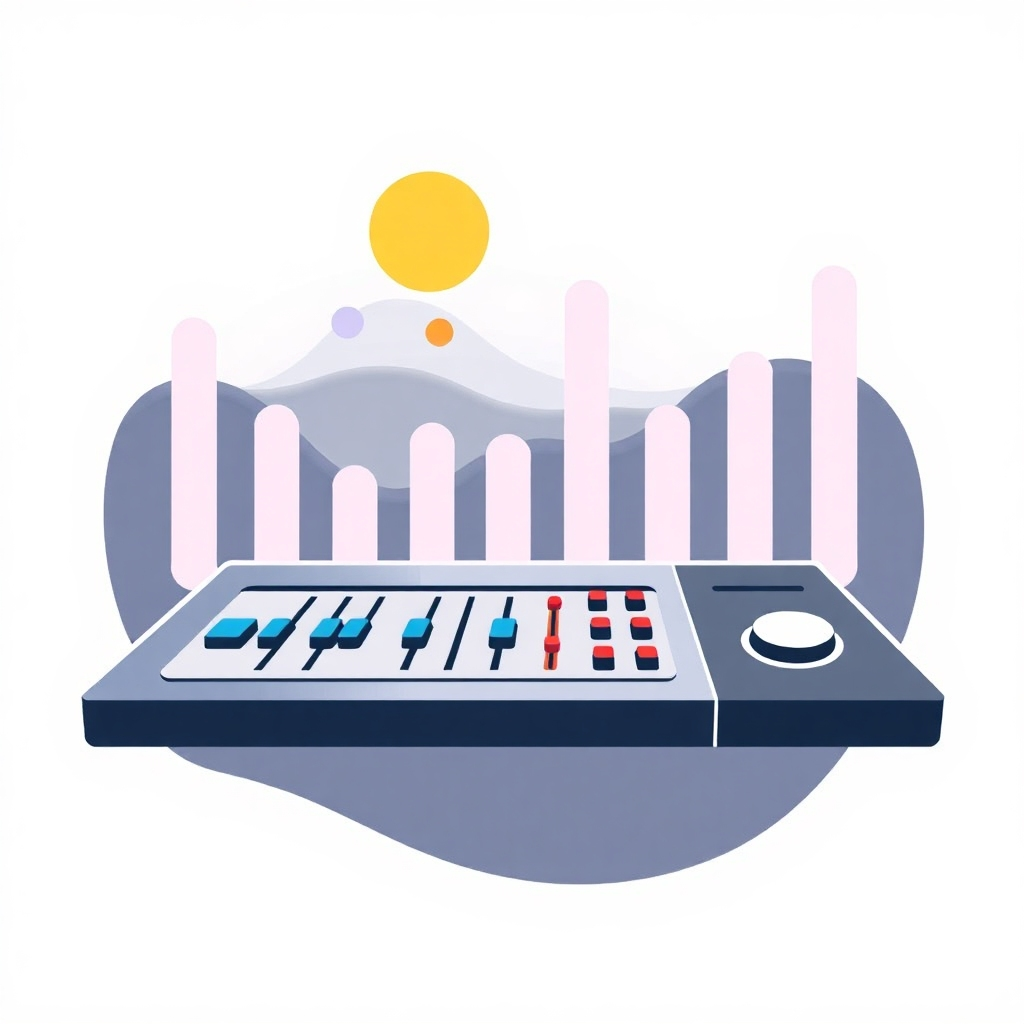  A stylized image illustrating the concept of audio mixing. Consider using abstract shapes and colors representing sound waves or frequency bands, perhaps with a control panel overlaying the shapes to illustrate the mixing process. The style could be influenced by data visualization or abstract art.