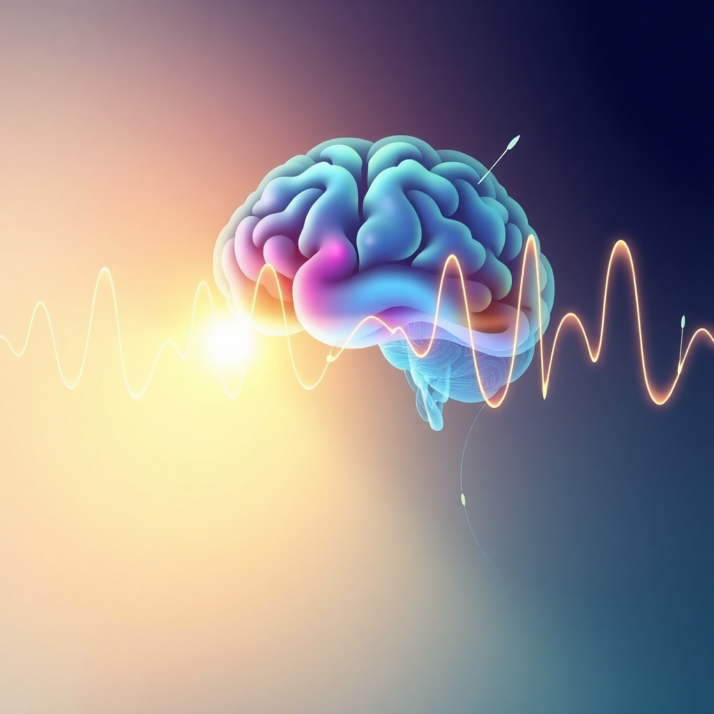 A stylized image of a calm mind, possibly with brainwave patterns visualized as soothing colors and shapes, intertwined with acupuncture needles and flowing energy lines.  The style should be abstract, artistic, and visually impactful.  High-resolution image, focusing on calming colors and forms.