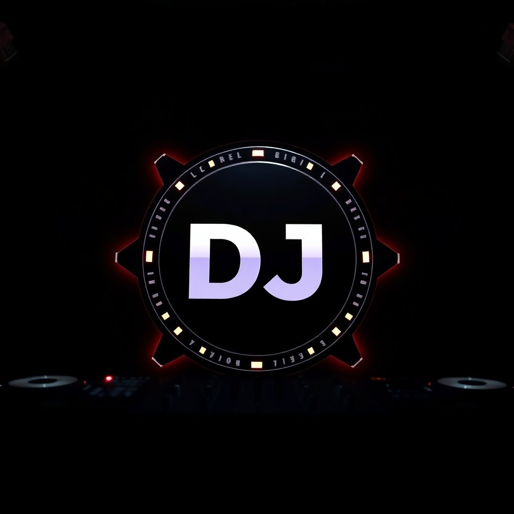A stylized image of a DJ's logo or branding elements. The image must reflect creativity and professionalism. The lighting must be stylish and sleek. The overall look should be high-end and luxurious