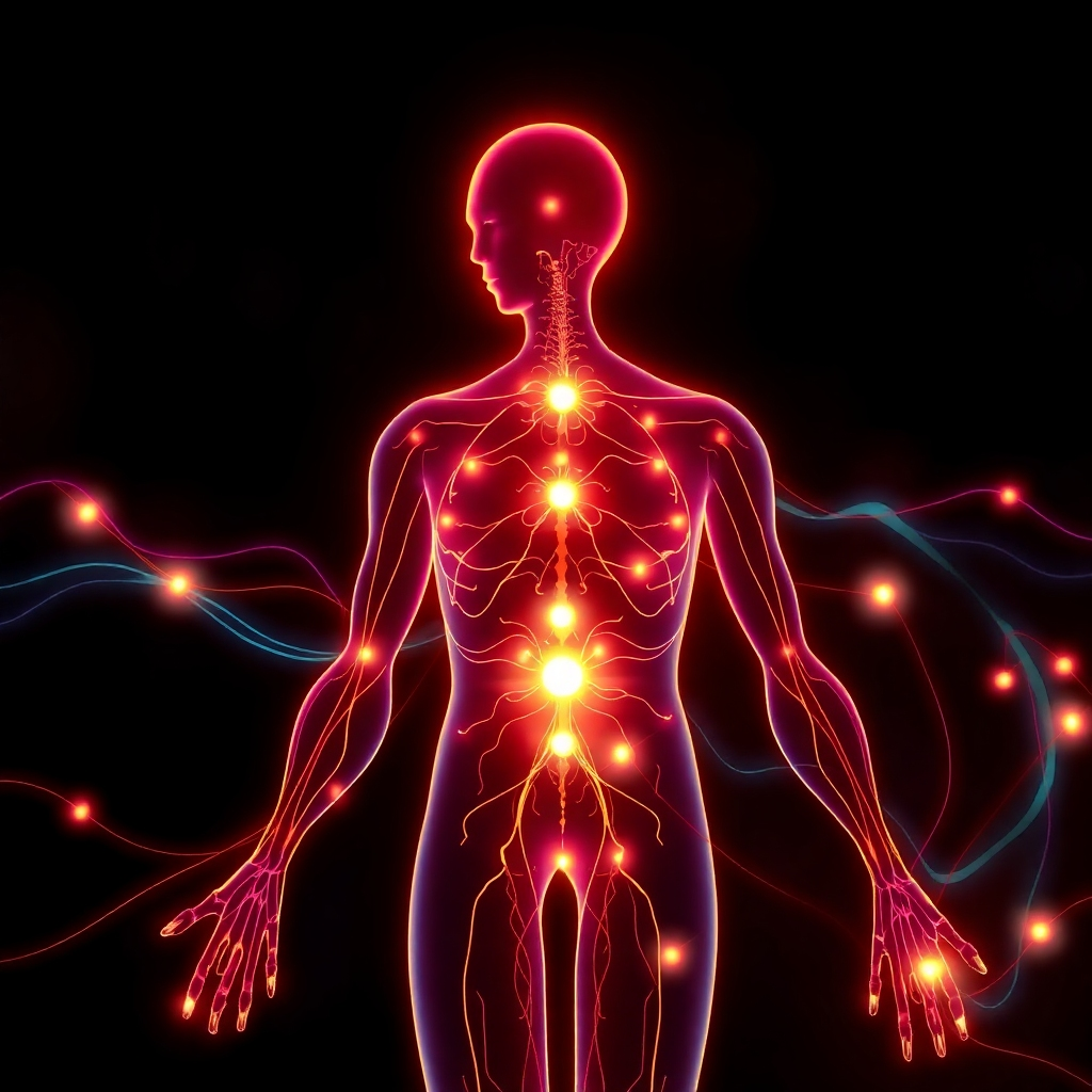 A stylized image of interconnected energy lines flowing throughout the body, rendered in vibrant, almost neon colors against a dark background.  The style should be reminiscent of anatomical illustrations but with a flowing, ethereal quality.  Use a top-down perspective to show the energy flow and the connection between different body parts.  Lighting should be dramatic, highlighting the energy lines.  Include soft-edged, glowing orbs at major acupuncture points.  The overall feel should be modern and artistic, incorporating elements of bioluminescence and cosmic energy.  The resolution should be 4K, high quality, and visually striking.