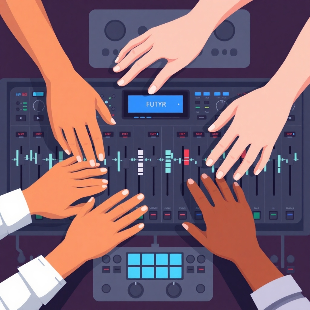 A stylized image of multiple hands working together on a virtual audio interface. The hands could be of different colors, suggesting collaboration and different perspectives.