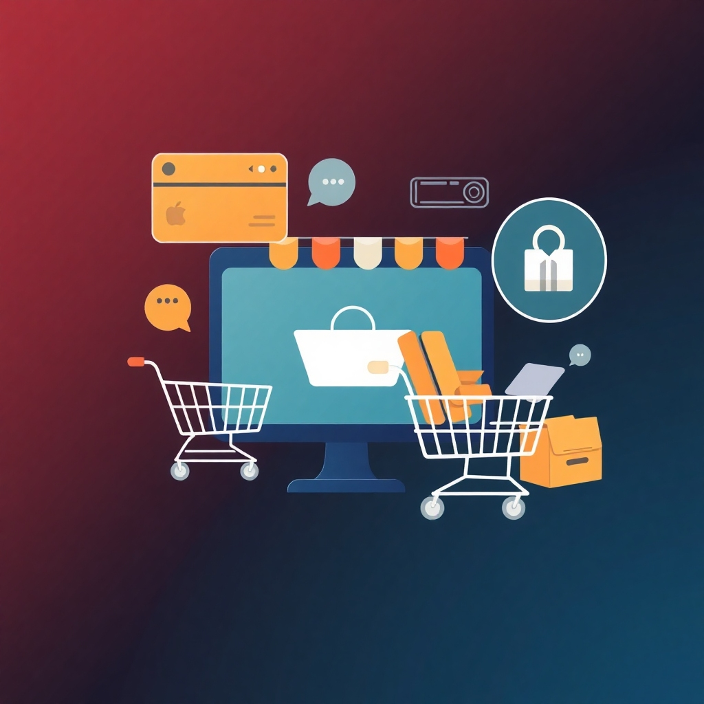 A stylized image representing the concept of online shopping and transactions.  The image may incorporate elements like shopping carts, credit cards, or product showcases. The style should be modern, clean, and professional, evoking confidence and trust. The color palette should be sleek and sophisticated, creating an upscale feel.