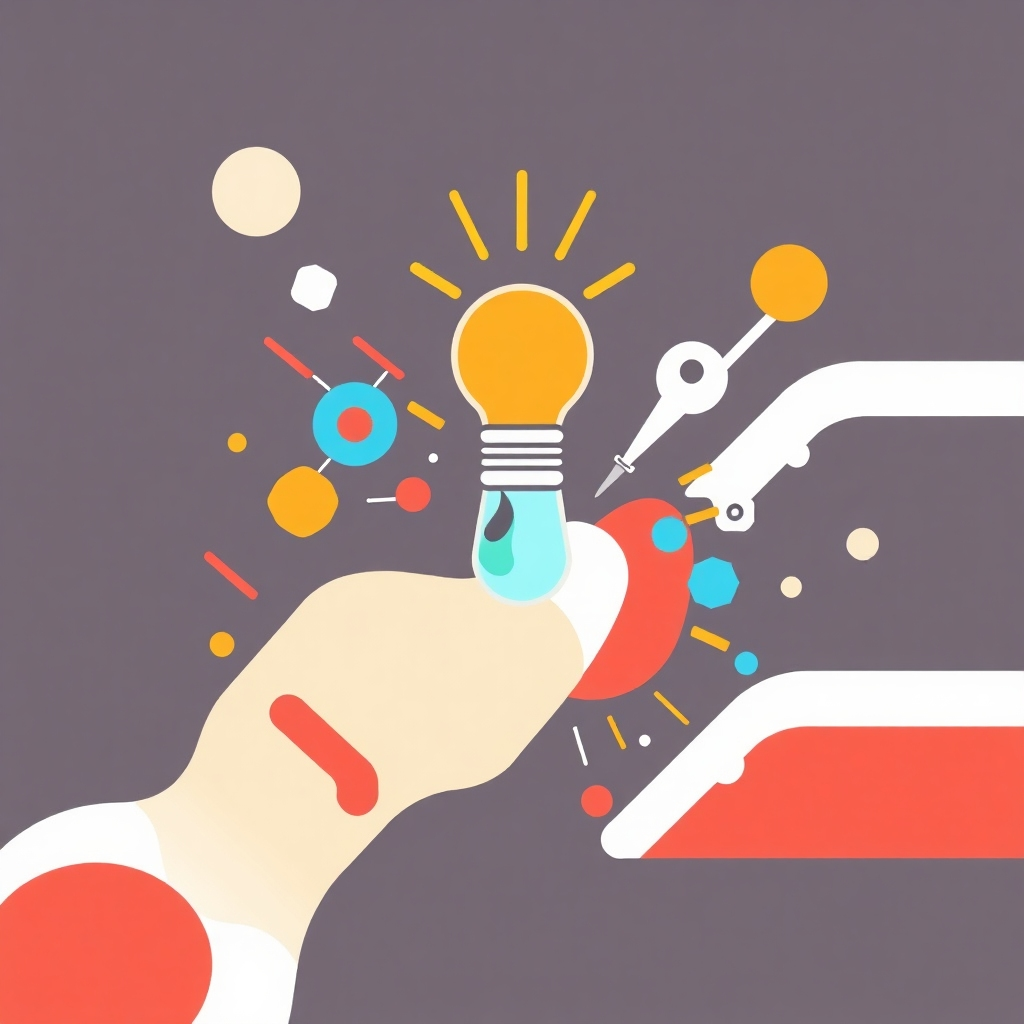 A stylized image representing innovation using abstract elements, bright colors, and dynamic shapes to create a modern and forward-thinking visual.