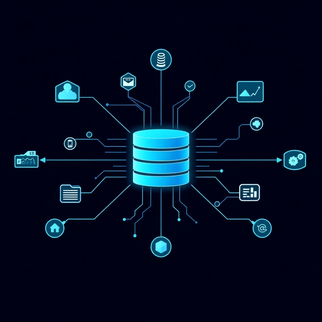 A stylized image, showcasing a seamless flow of data from various sources into a central database, forming a beautiful visual chart. Use a modern art style, employing gradients of blue and green, to emphasize data flow and system efficiency.  Focus on precise geometric shapes and smooth transitions.  Technical specs: 4k resolution, high quality, vibrant color saturation.