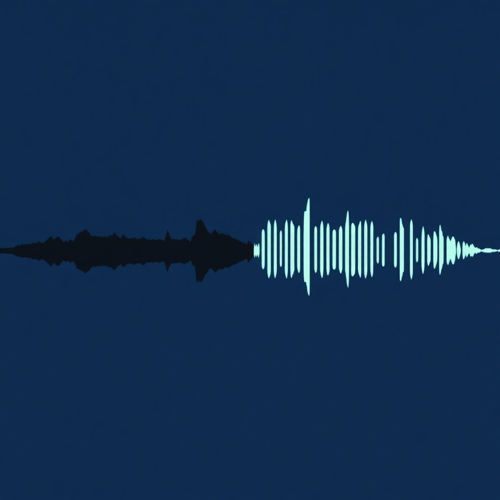 A stylized image showing a faded, damaged audio file transforming into a clean, high-quality version. The design should be evocative of the process of restoration.