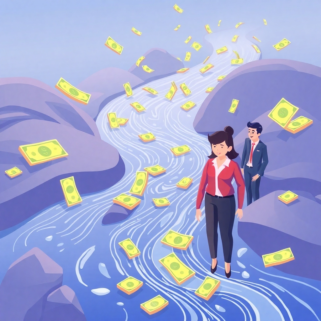 A stylized image showing a flowing river of money going to employees, each representing an accurate, on-time payment. The image is stylized and visually interesting, communicating accuracy and on-time payments.  Technical specs: 4K resolution, emphasis on smooth animation or illustration style.