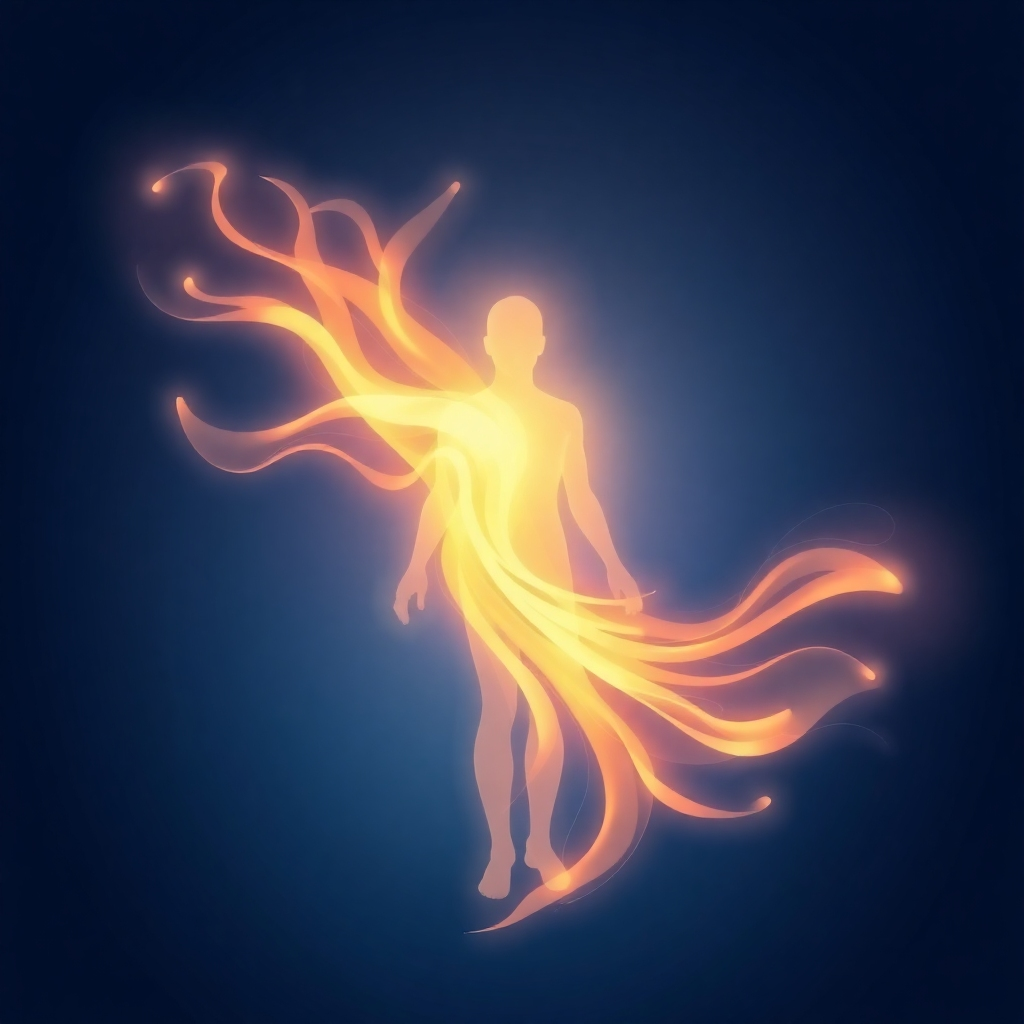 A stylized image showing a visual metaphor for the release of stress, such as glowing energy flowing away from the body.  Use a calming color palette and a flowing, dynamic design.
