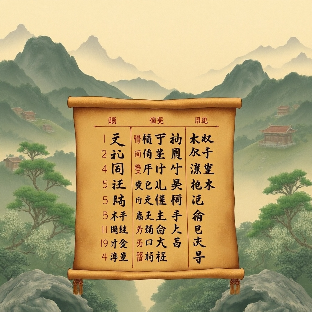 A stylized image that depicts an ancient scroll with calligraphy detailing acupuncture points and meridians.  The backdrop can be an ancient Chinese landscape, conveying the historical context. The style must be painterly and evocative.