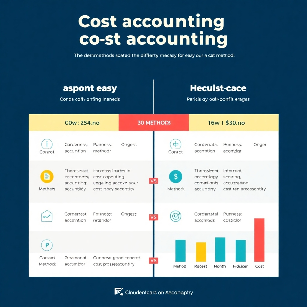 A stylized infographic showing the comparison between different cost accounting methods using clear and concise visuals.   The use of bright, contrasting colors should add clarity and allow for easy understanding. The overall style should be clean, modern, and easily digestible for a professional audience.  Consider incorporating elements of data visualization that emphasize the contrast between methods