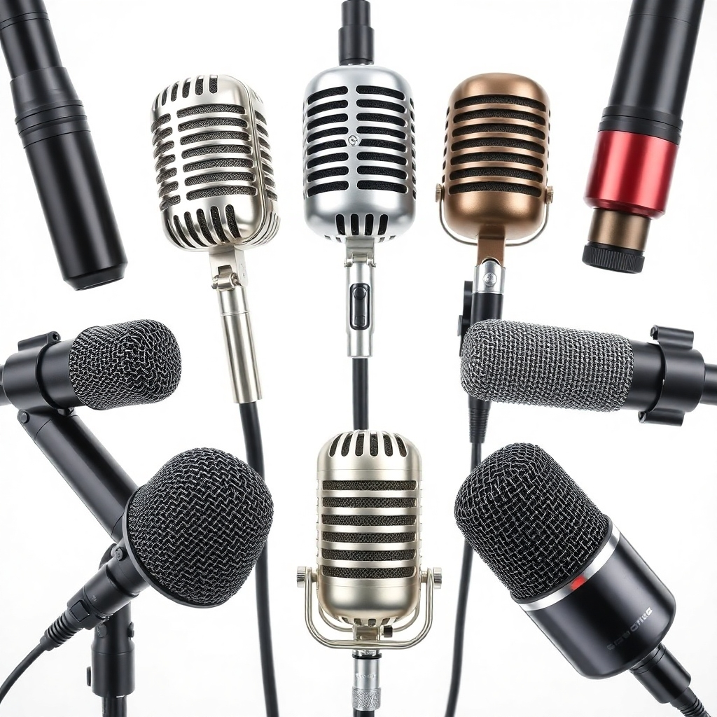 A stylized or photorealistic close-up image of various microphones, emphasizing their unique designs and the detail of their construction, accompanied by a minimal, clean background and simple lighting to highlight their texture and form.