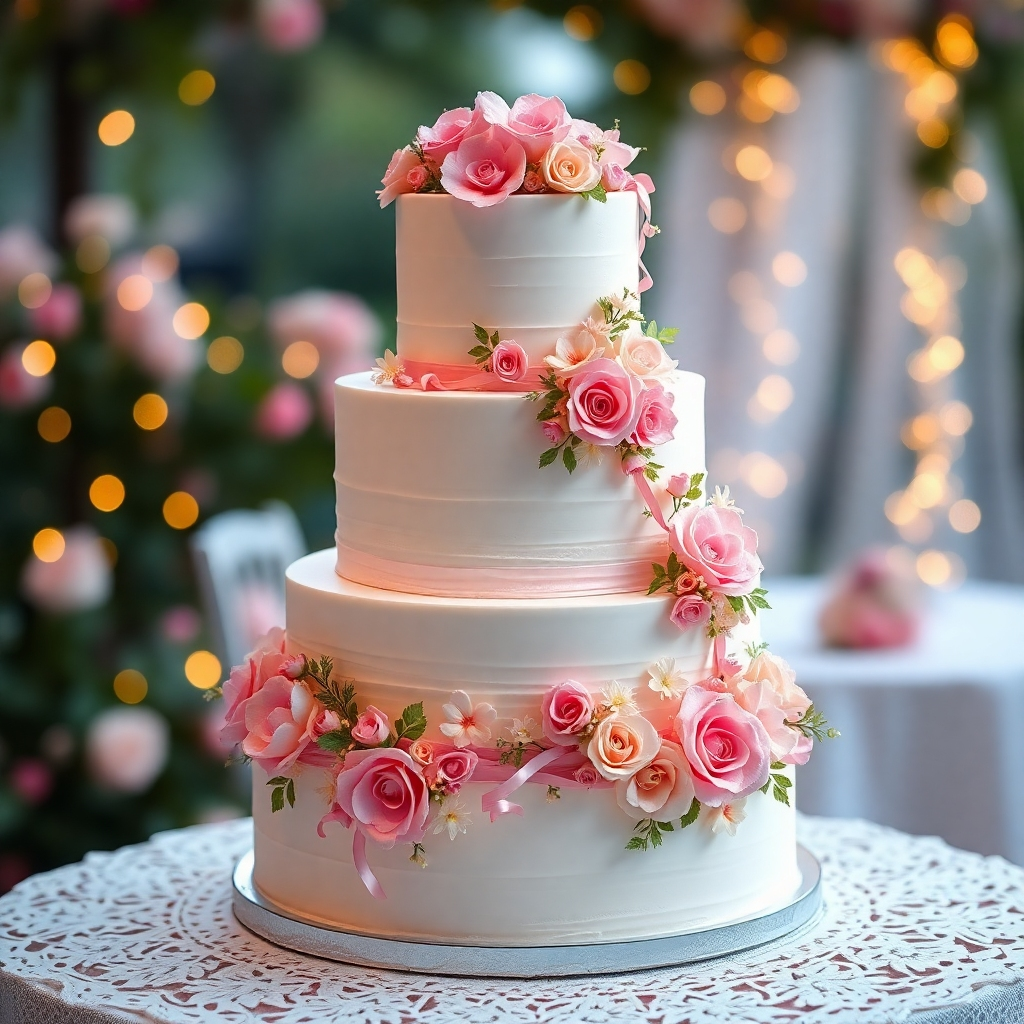 A three-tiered wedding cake decorated with delicate sugar flowers and cascading ribbons. The cake should be positioned on a white lace tablecloth.  The background should be a softly blurred romantic setting, perhaps a garden with fairy lights. The lighting should be soft and elegant, highlighting the cake's details and color. The style should be photorealistic and high-resolution.