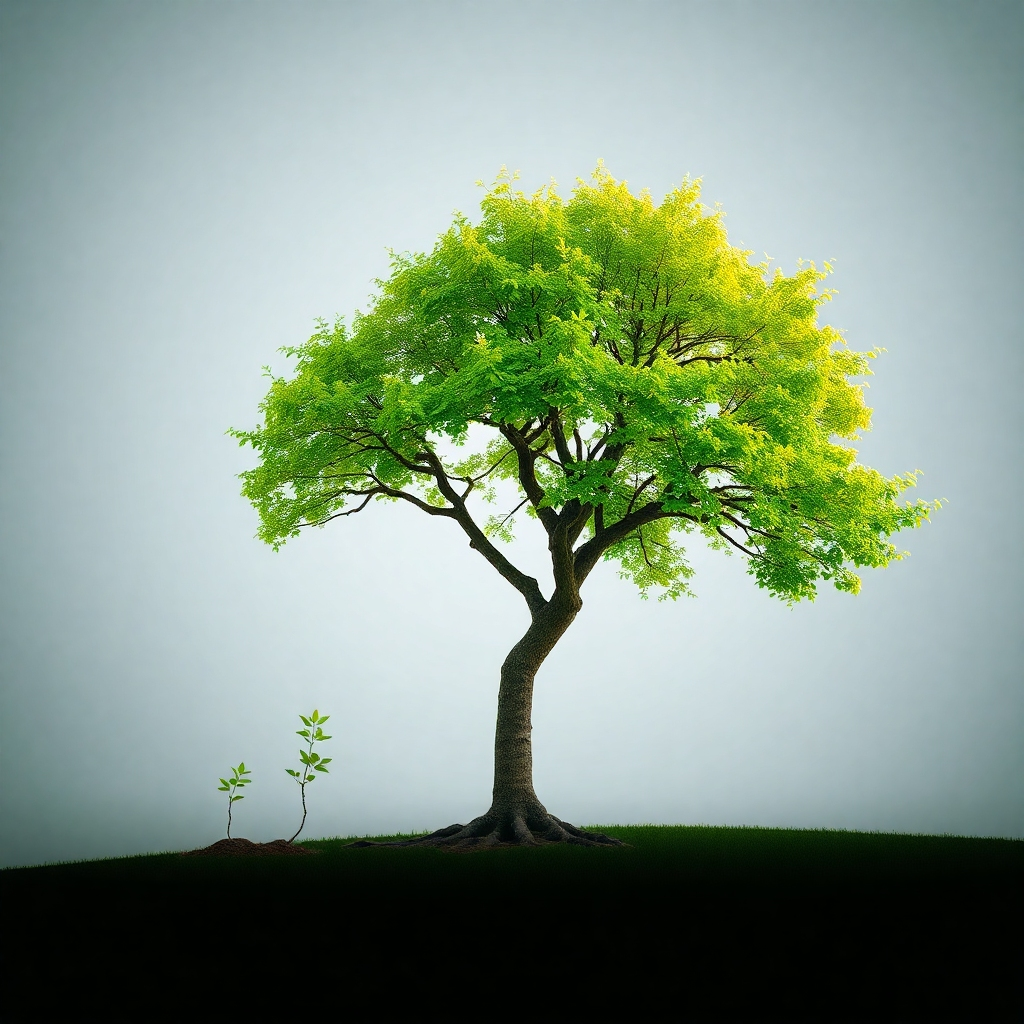 A time-lapse style image showing a tree growing from a sapling to a mature tree, symbolizing healthy growth and longevity.  Resolution: 4K, High-quality