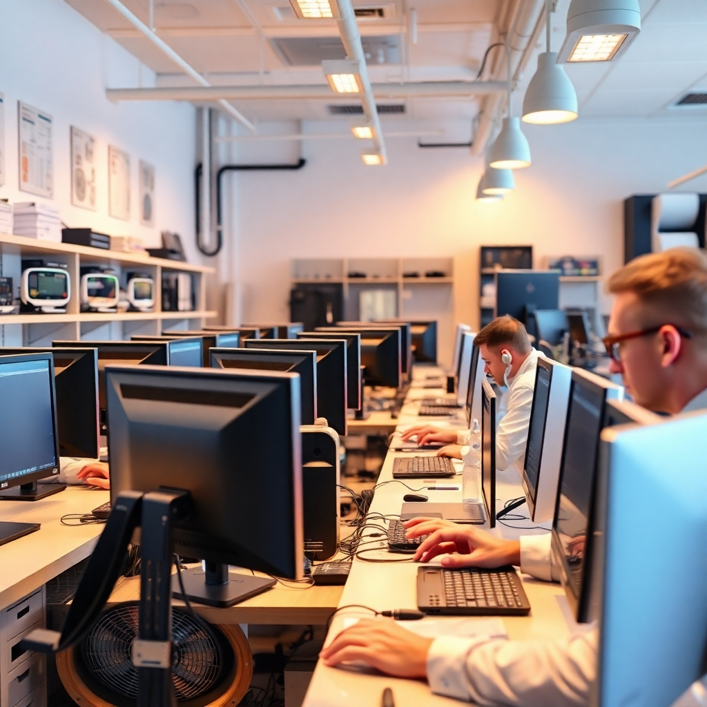 A vibrant and inviting image showcasing a clean and organized computer repair shop.  Multiple computers and laptops should be visible, with technicians working efficiently.  The image should convey a message of speed and efficiency, without appearing rushed or chaotic.  The overall feel should be professional, friendly, and trustworthy.