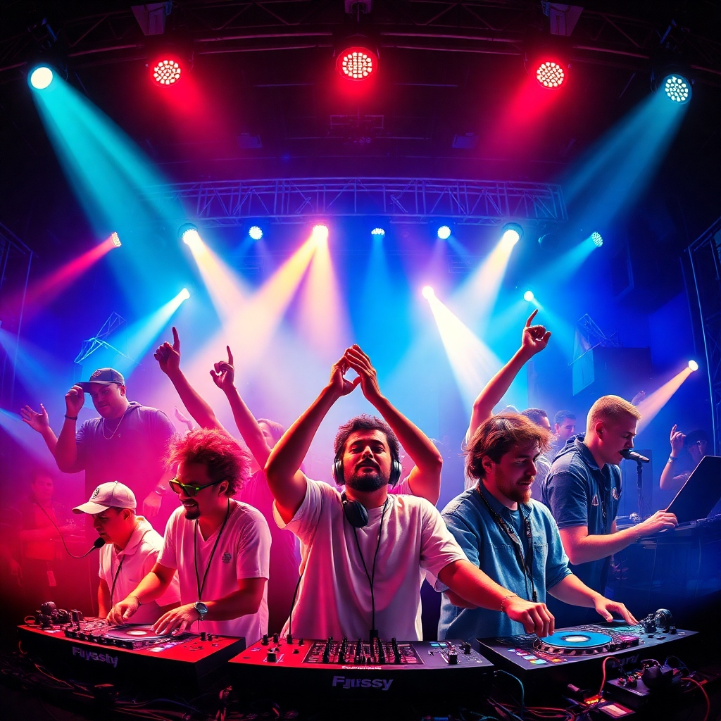 A vibrant, photorealistic montage showing various iconic DJs performing at their peak.  The lighting should capture the energy and passion of each performance. The overall style must reflect the dynamic and emotional performances of the highlighted DJs