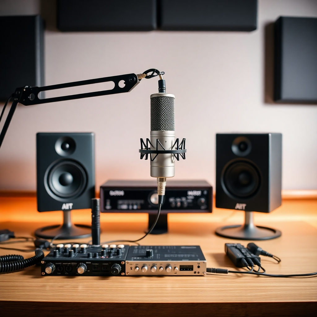 A well-lit image showcasing a professional microphone setup with high-quality audio equipment, such as an audio interface and studio monitors, arranged neatly on a desk.