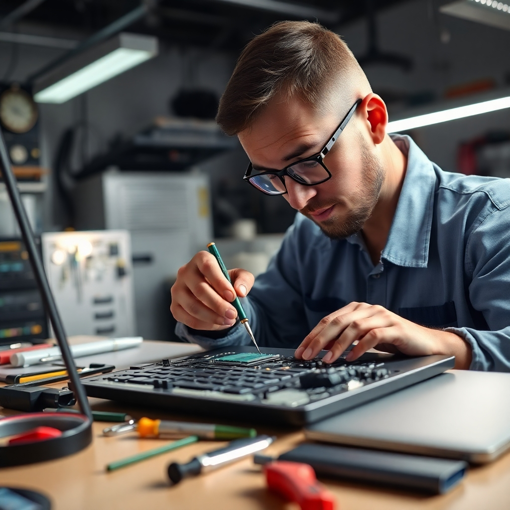 A well-lit workspace showing a technician meticulously repairing a laptop computer.  The image should highlight various tools, such as screwdrivers, and components, such as a circuit board. The focus should be on the detailed, precise nature of the repair.  The technician should appear professional and confident, and the scene should be clean and organized.