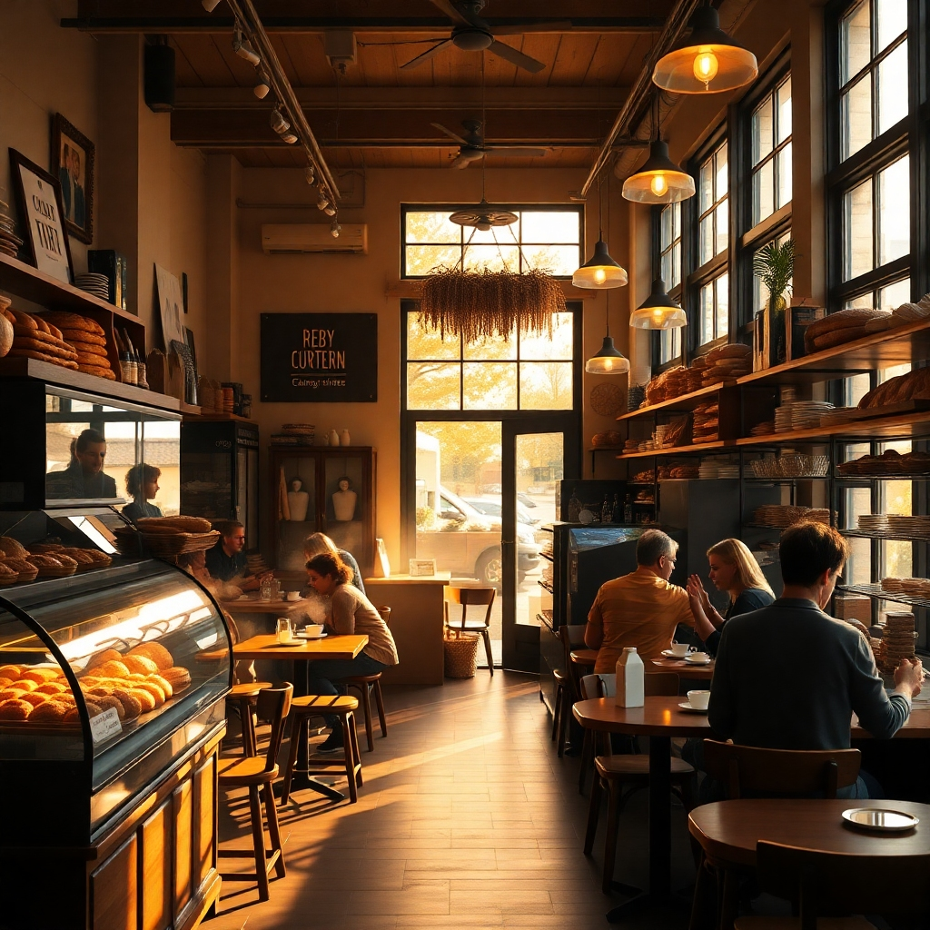 A wide shot of a cozy bakery interior, filled with the warm golden light of the afternoon sun.  The scene should include customers enjoying pastries and coffee at small tables, a display case brimming with breads and pastries, and the aroma subtly suggested through steam rising from fresh loaves. The overall ambiance should be warm, inviting, and bustling, capturing the essence of a thriving artisan bakery.  The style should be photorealistic and focus on the sensory details, such as the light, the aroma, and the happy customers.