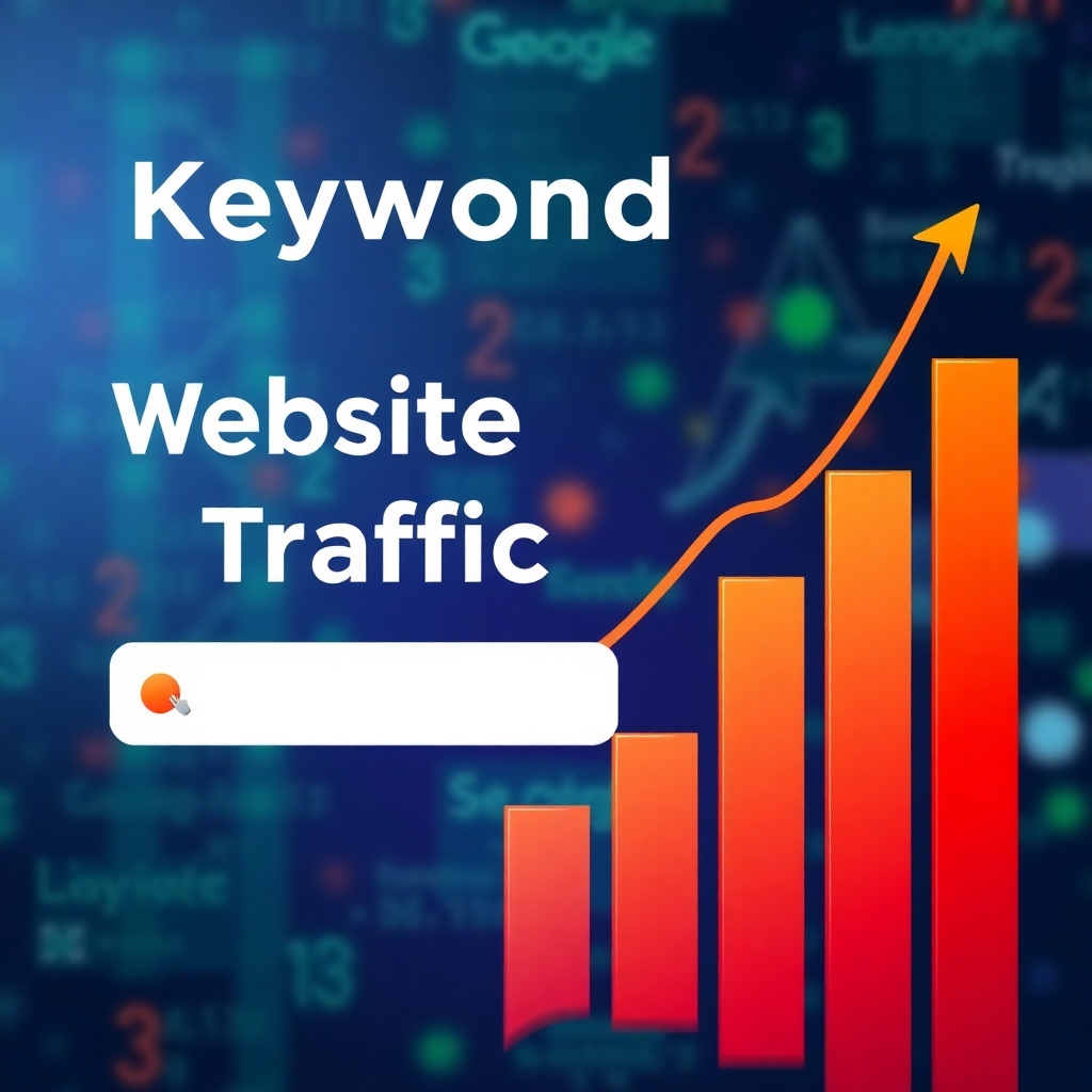 Abstract illustration showing keywords and website traffic increasing alongside search engine rankings.  The color palette is bright and dynamic. Style is minimalistic and represents growth effectively. The background can show a graphical representation of algorithms and search engine rankings.