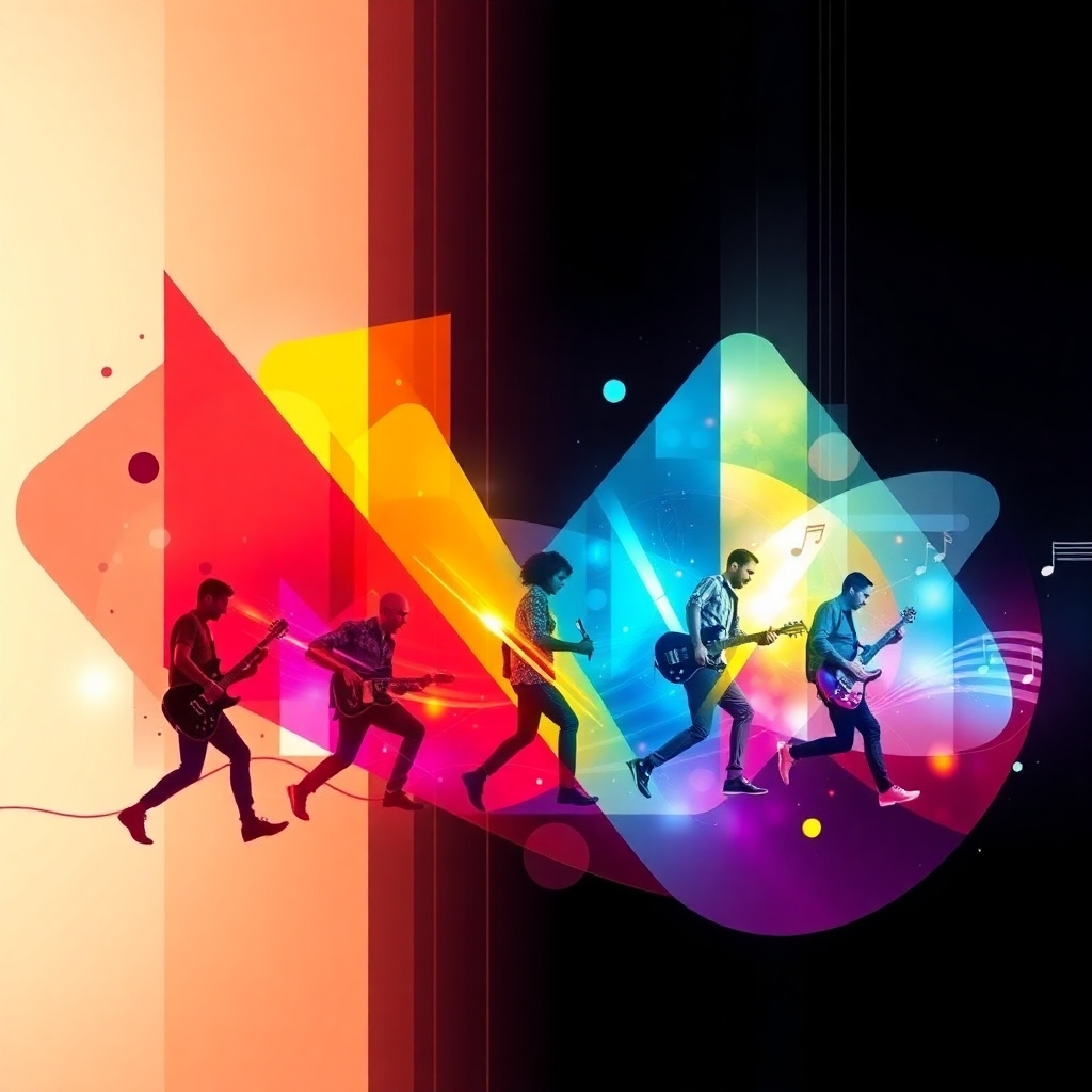 An abstract image depicting the evolution of music. Use dynamic shapes and vivid colors to represent different musical styles and eras. The lighting should be futuristic and cutting-edge, reflecting the innovative nature of the subject matter. The style must be contemporary and forward-thinking.