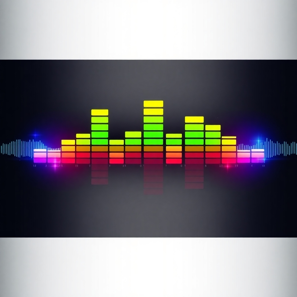 An abstract visual representation of an equalizer, with the soundwaves visualized with a stylized approach. Colors, shapes, and dynamic elements represent the adjustment of frequency bands. Style reference could be digital art or information visualization.