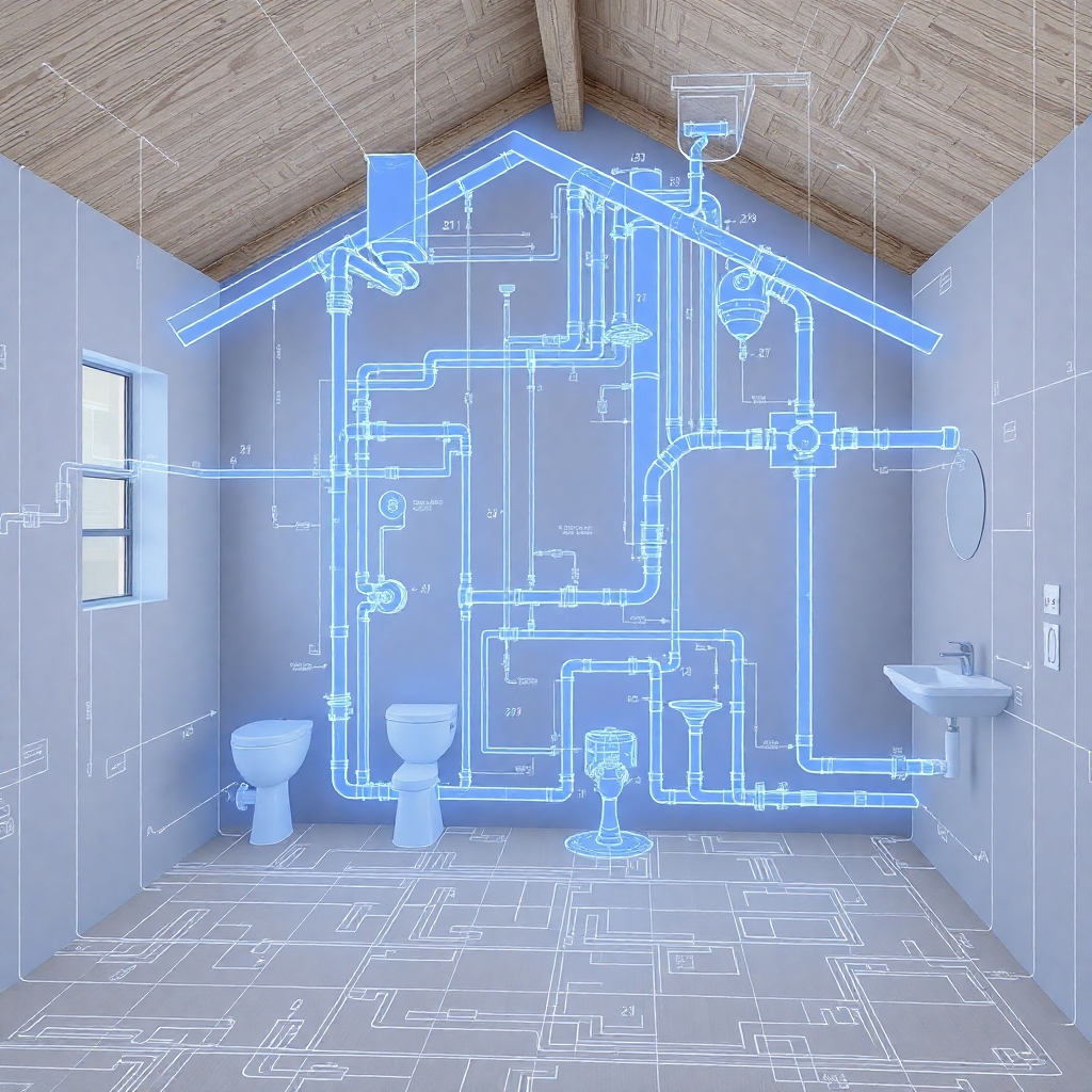 An architectural blueprint of a house's plumbing system overlaid on a photorealistic rendering of the house.  Pipes are clearly visible within the walls and floors, and key components (toilets, sinks, showers) are marked.  The style should be clean, professional, and easily understandable, showcasing efficiency and careful planning.